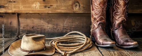 cowboy hats and leather boots and ropes placed on a wooden table