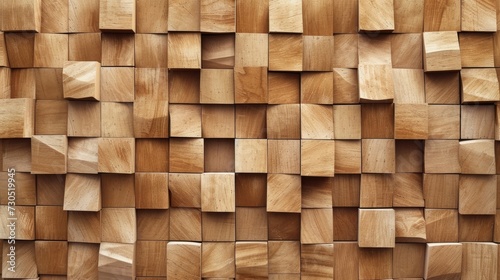 Wood block wall with a natural color and textured cubic pattern.