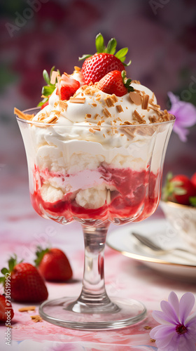 Tempting Eton Mess Dessert with Juicy Strawberries, Whipped Cream, and Crushed Meringue Displayed in a Glass Dish