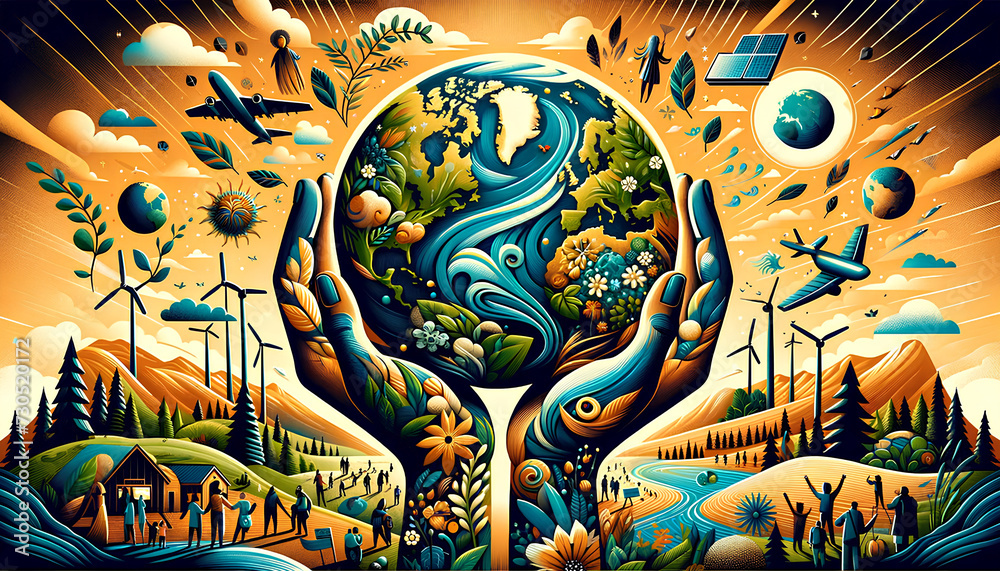 A detailed illustration depicting a surreal scene of hands holding a vibrant earth with symbols of renewable energy and biodiversity, emphasizing sustainability.
