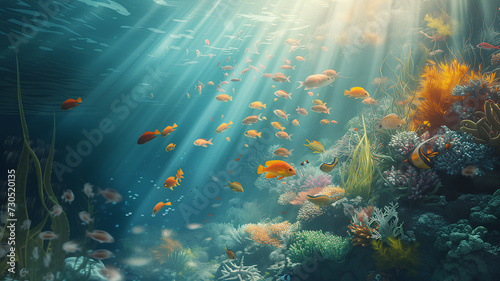 Panoramic underwater seascape of a vibrant coral reef bustling with colorful tropical fish, bathed in sunlight filtering through the ocean surface. 