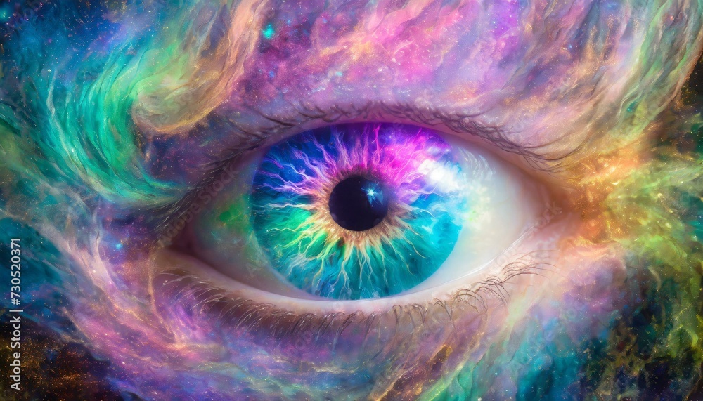 Nebula in the shape of a mythical image and an eye; mixed media, fantasy, blue, pink, purple, green