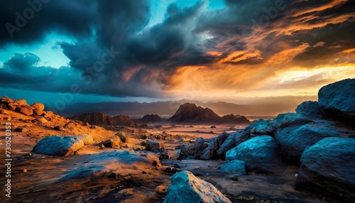 dramatic sunset, landscape, cinematic, sandstorm, dramatic, storm clouds and blue stones