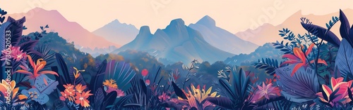 Travel concept banner, mountains and flowers landscape.