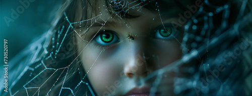 portrait of a child behind spider web