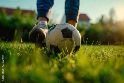 Footballer's foot on the ball, ready to kick