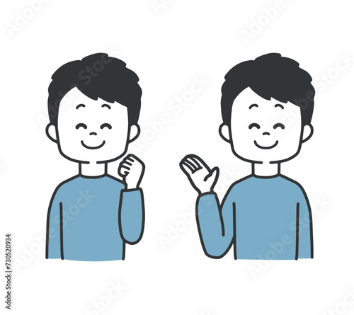 笑顔　ガッツポーズ　案内　男性