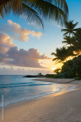 Beautiful tropical beach and sea with coconut palm tree at sunset time