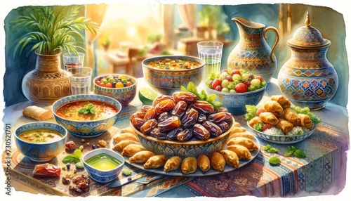 watercolor illustration depicting a variety of traditional foods commonly consumed for breaking the fast during Ramadan