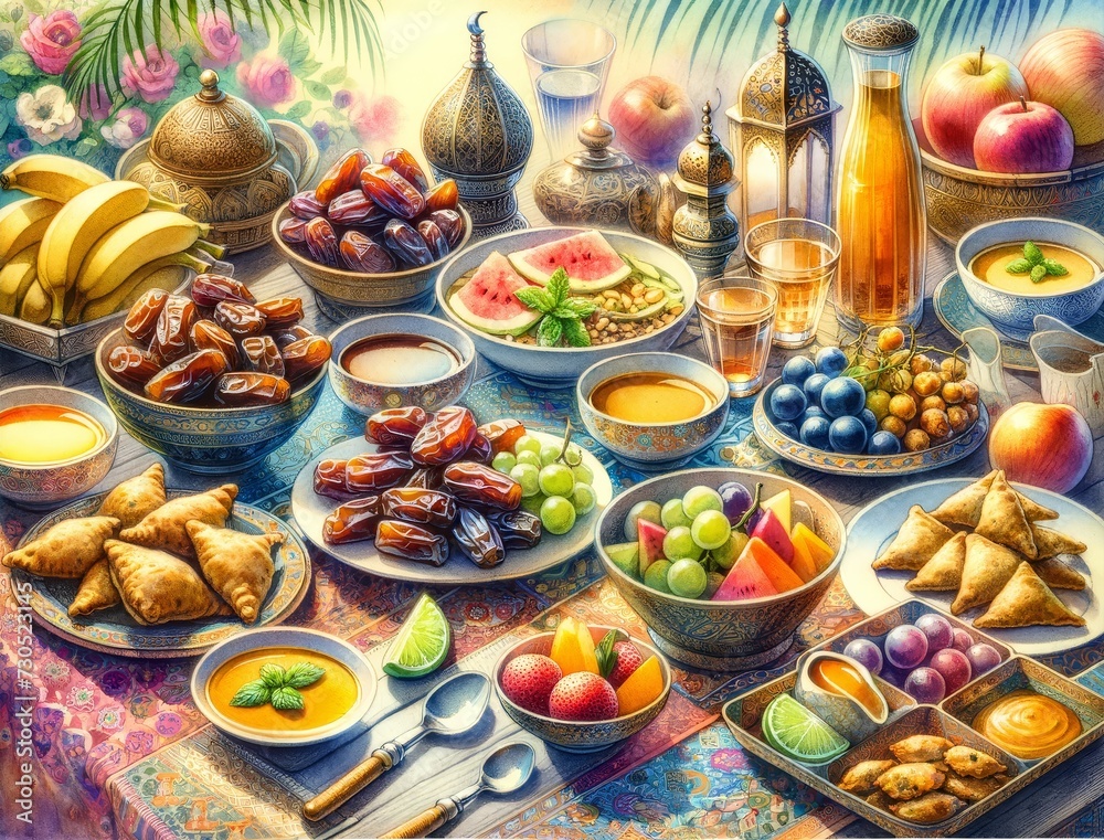 watercolor illustration depicting a variety of traditional foods commonly consumed for breaking the fast during Ramadan