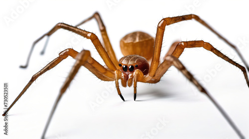 Brown recluse, mediterranean, fiddleback, violin spider - Loxosceles rufescens - notorious arachnid known for harming humans with their venomous bite. isolated on white background front face view