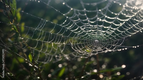 Closeup shot of dew on scattered bokeh spider web. 
