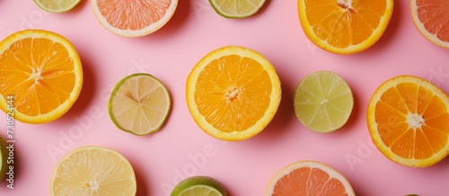 Experience the taste of summer with a fashionable top-down view of citrus cocktails consisting of fresh oranges, lemons, and limes, set against a chic pink backdrop with room for text.