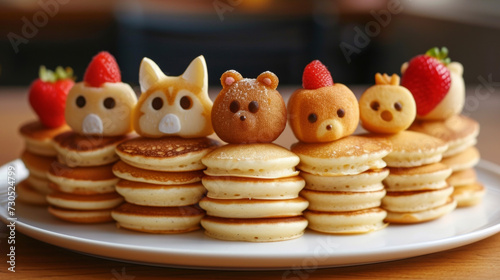 These mini pancakes may be small in size but they pack a big punch of eness Each one is shaped into a different animal making for a playful and cuddly pancake stack. photo