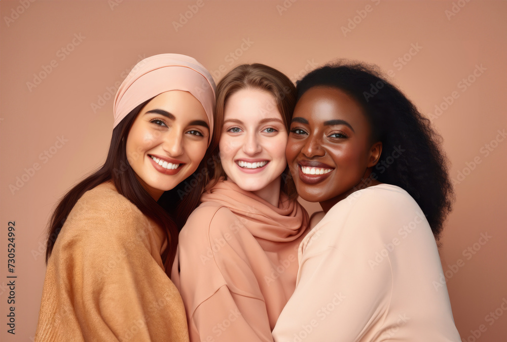Happy different ethnicity women hugging, smailing show white teeth. Frendship, supporting, Mental health and empathy. Woman's day concept. Happy different ethnicity women hugging, smailing show white teeth. Frendship, supporting, Mental health and empathy. Woman's day concept.