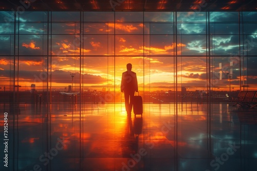 Silhouette of a traveler with luggage in an airport against a stunning sunset