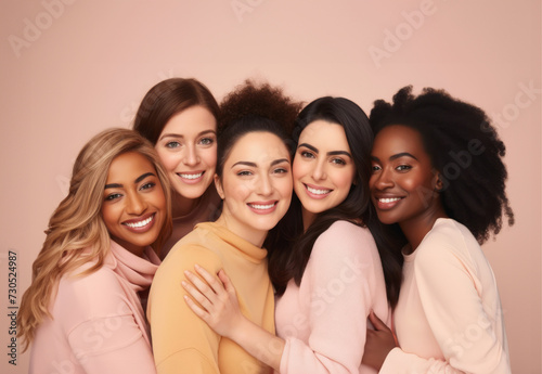 Happy different ethnicity women hugging, smailing show white teeth. Frendship, supporting, Mental health and empathy. Woman's day concept. photo