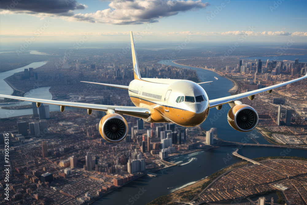 passenger plane Flying over the city, evening light passenger plane Flying over the city, evening light