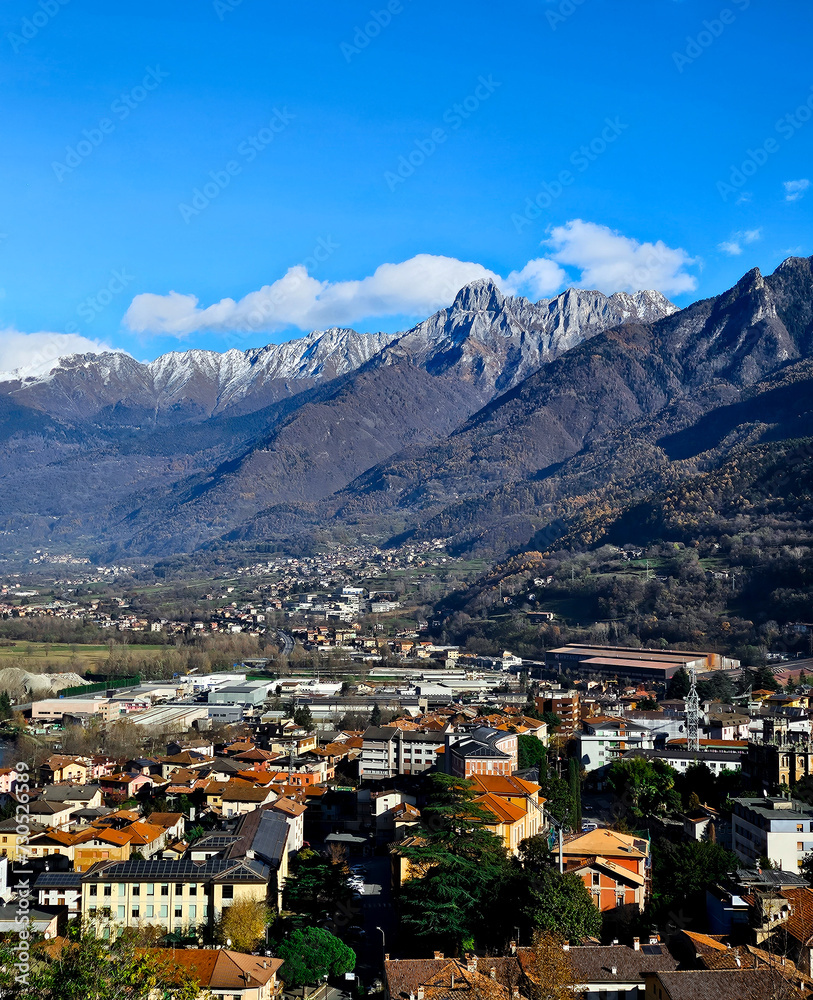 Naklejka premium View of the Orobie alps and the town of Breno, Italy from the medieval Castle of Breno