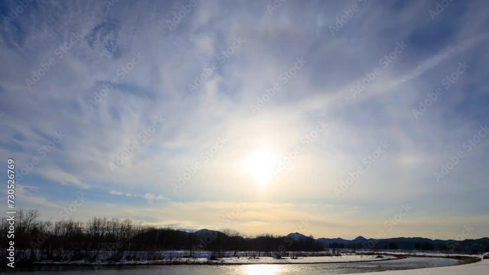沈む夕日 タイムラプス 冬 雪景色 沈む夕日 タイムラプス 冬 雪景色