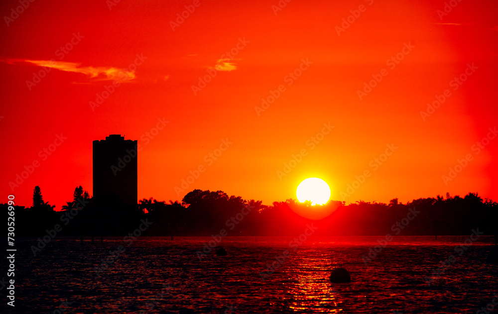 Sarasota, Florida, USA: 11 01 2023: Sarasota bay harbor and bay front sun set landscape	