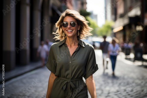 A chic woman in an olive green shirtdress with a waist tie, navigating the vibrant city streets with a radiant smile photo