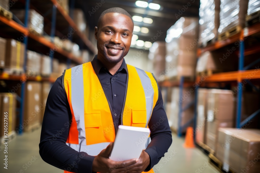Fototapeta premium Portrait of a diligent Supply Chain Manager in a busy warehouse, managing logistics with a clipboard
