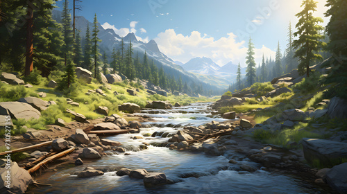 Imagine a tranquil mountain scene with a crystal-clear stream gently meandering through a lush, pristine valley. Towering pine trees line the banks of the stream, casting dappled shadows on the smooth
