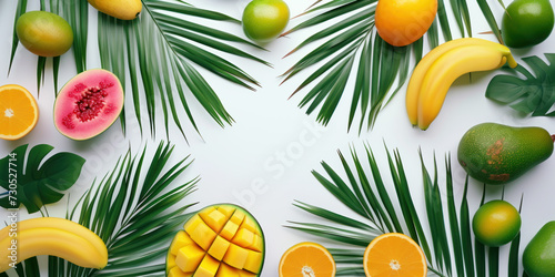 Top view palm leaves mangos guavas and bananas on white background, Flat lay Minimal summer concept