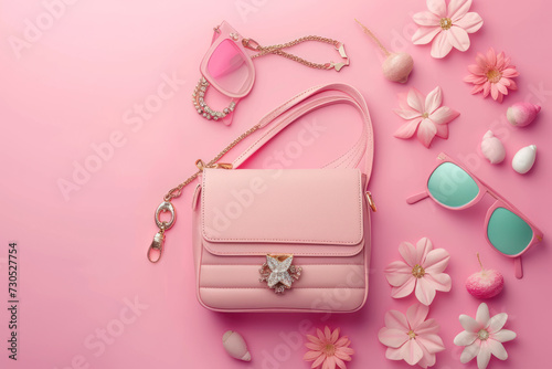 Top view set of fashion accessories with pink bag in pink style on pink background, Flat lay Minimal fashion summer concept