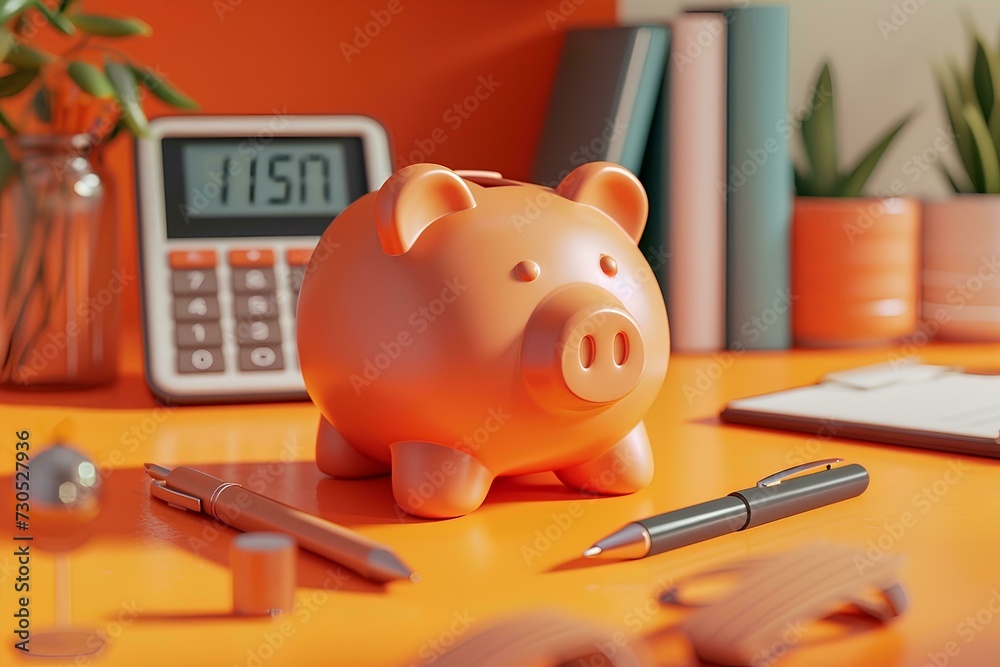 piggy bank with calculator and office supplies on an orange background, in the style cute and colorful Financial and investment business concepts piggy bank with calculator and office supplies on an orange background, in the style cute and colorful Financial and investment business concepts
