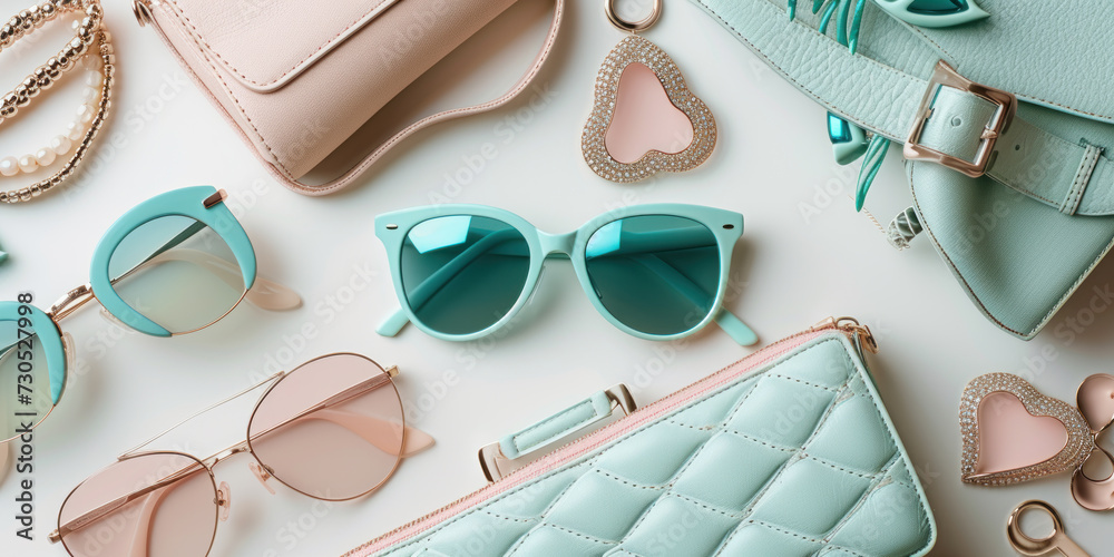 Top view sunglasses purses and accessories in pastel style on white background, Flat lay Minimal fashion summer concept
Top view sunglasses purses and accessories in pastel style on white background, Flat lay Minimal fashion summer concept