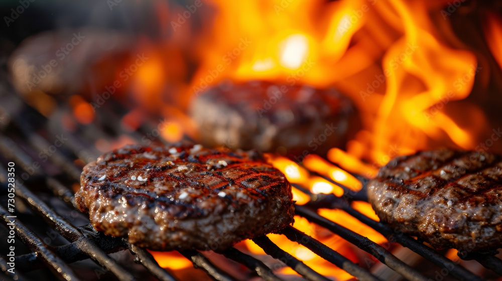 Freshly cooked burgers rest atop an open flame grill creating a charred caramelized crust. The aroma of juicy meat and open fire fills the air. Freshly cooked burgers rest atop an open flame grill creating a charred caramelized crust. The aroma of juicy meat and open fire fills the air.