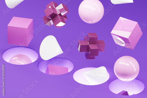 3D illustration of multi-colored volumetric geometric shapes falling into a portal on a   purple background