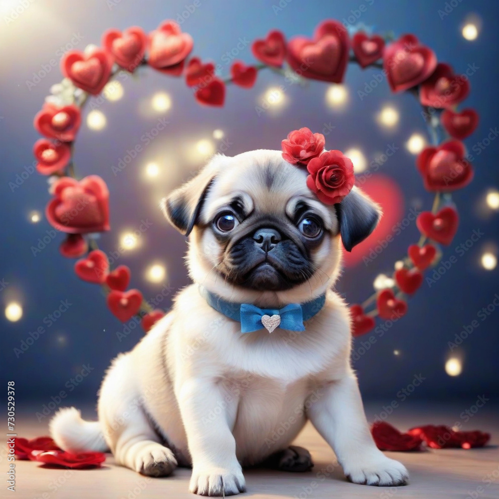 pug puppy with red heart