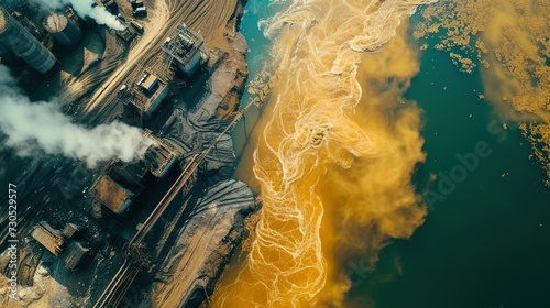 Hazardous chemicals are released into the river Industrial waste water aerial done view Sewage drains into the river Environmental pollution Ecological catastrophe and disaster Contamination photo