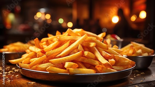 Delicious French fries, crunchy, salty, tasty, with blur background