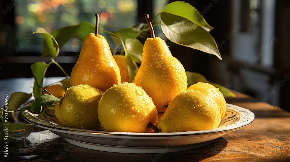 delicious fresh pears fruits with black and blur background