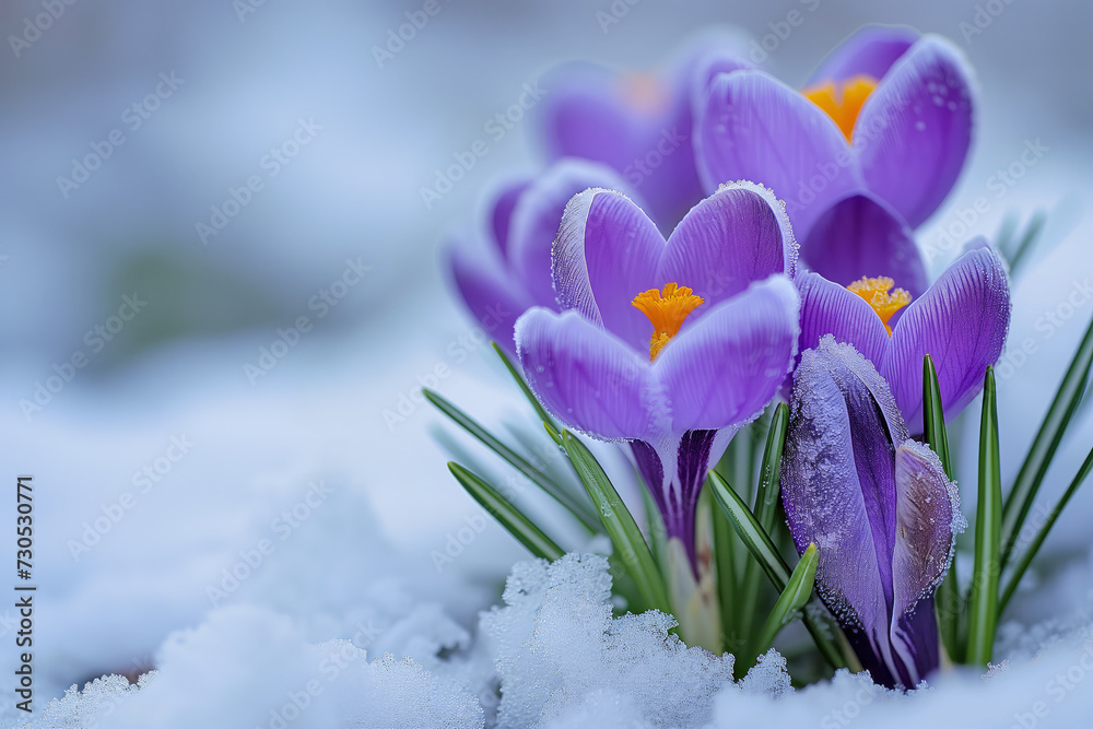 Emergence of Spring: Vibrant Crocuses Blooming Through Snow