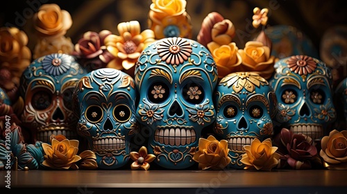 day of the dead background with floral ornaments and skulls for banners or posters