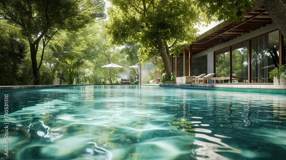 Swimming pool in beautiful nature jungle style under trees and house , Generative, Ai