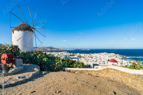 Boni's windmill and skyline of Mykonos village. Mykonos island., Greece