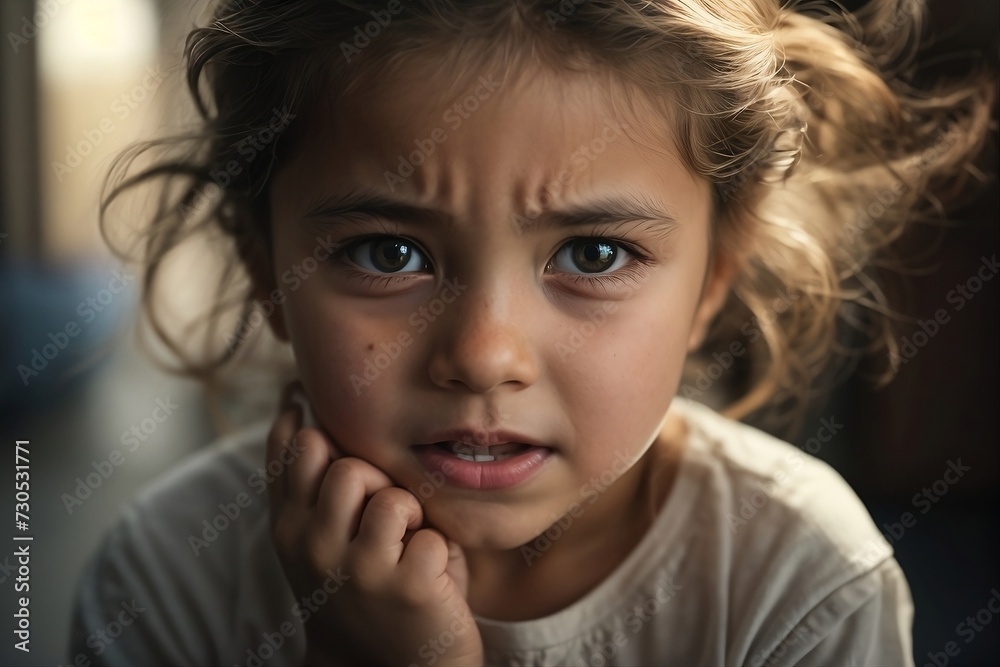 A child with a pained expression, clutching their cheek as they struggle with dental pain,concept health diseases. A child with a pained expression, clutching their cheek as they struggle with dental pain,concept health diseases.