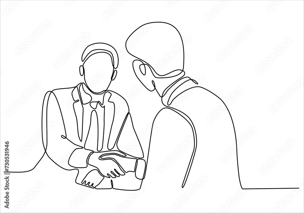 continuous line Two confident business men shaking hands vector illustration