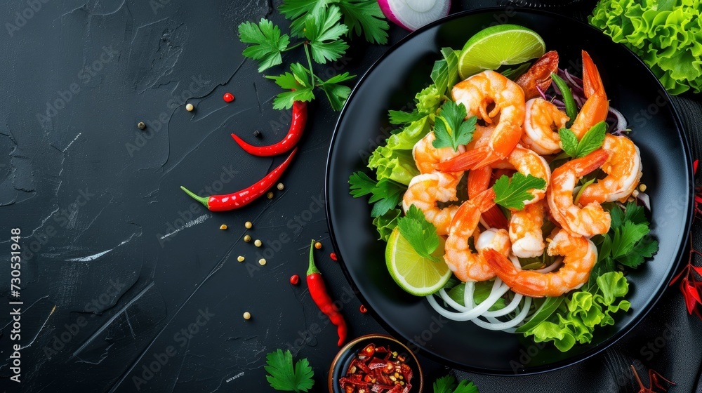 Spicy mixed seafood salad with thai food ingredients, realistic, HD, copy space - generative ai