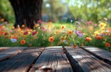 Tree Table wood Podium placed amidst a blooming flower garden on the farm, capturing the vibrant colors and textures.