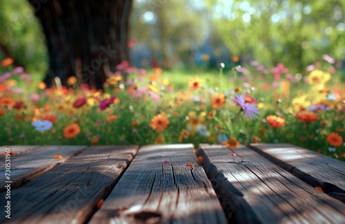Tree Table wood Podium placed amidst a blooming flower garden on the farm, capturing the vibrant colors and textures.