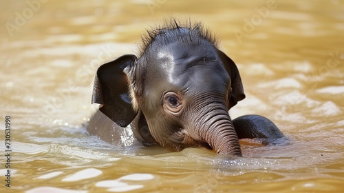 An adorable baby elephant immersed in water, playfully enjoying its time during a refreshing bath and swim