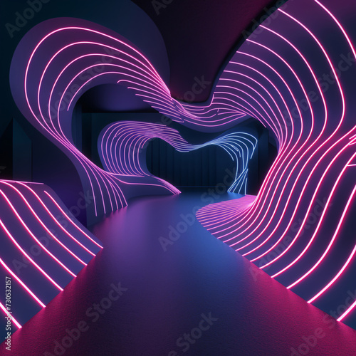 Abstract minimal neon landscape, where glowing lines curve against a dark, illuminated backdrop