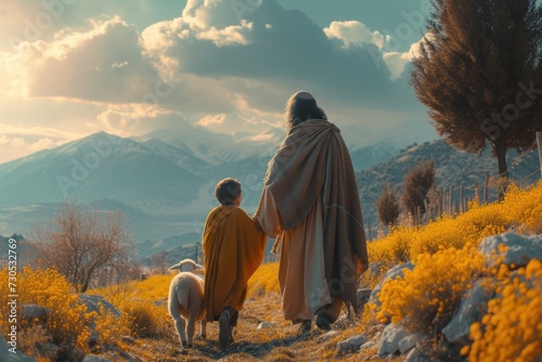 St. Joseph with boy Jesus Christ herding sheep: portrayal of a biblical drama, illustrating sacred bond between saint Joseph and young Jesus as they tend to the flock. photo